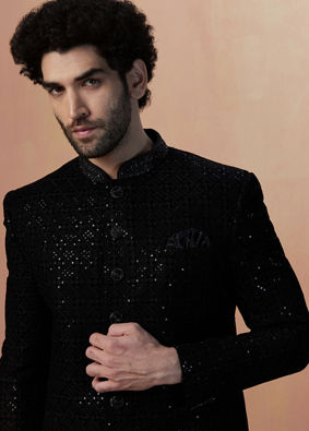 alt message - Manyavar Men Black Sequins Velvet Indo Western image number 0